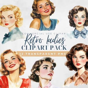 Pacote de clipart de aquarela retrô para mulheres – Ilustrações de moda vintage | Pacote PNG de meados do século | Uso comercial OK