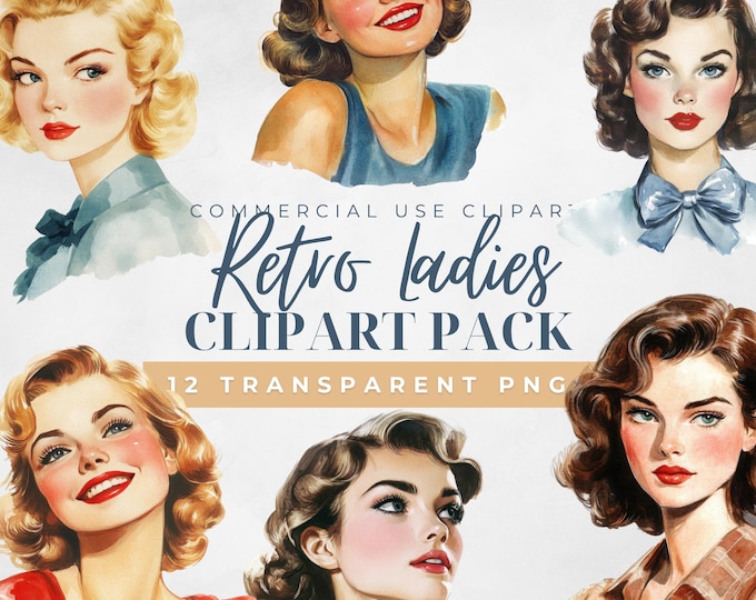 Retro Lady Retro Ladies Watercolor Clipart Pack – Vintage Fashion Illustrations ...