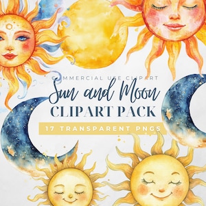 Watercolor Sun and Moon Clipart: Boho Celestial PNG Bundle (Digital Download)
