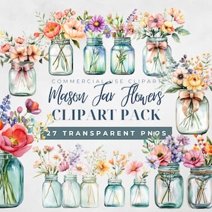 Flowers in mason jars Clip Art - Vintage-Inspired PNGs for Crafts, Design & Journaling PNG Commercial Use