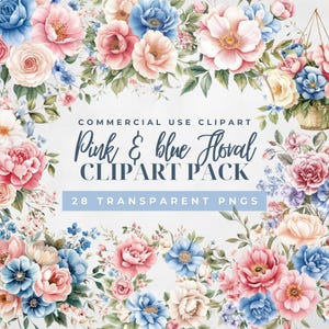 Pacote de clipart de flores em aquarela azul e rosa – PNGs florais em tons pastel para design de primavera e casamento | Uso comercial OK
