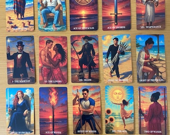 May include: A collection of tarot cards featuring vibrant illustrations. Each card displays unique artwork, including figures, symbols, and scenes. The cards are arranged on a light wooden surface, showcasing a variety of colors and designs. The cards include text such as "King of Cups" and "Ace of Pentacles".