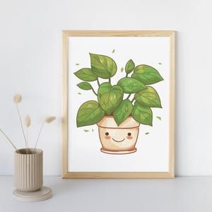 Linda planta de potos en maceta, dibujo animado kawaii para decoración del hogar, impresión para guardería, póster de cafetería, arte digital para aulas, plantas y decoración natural