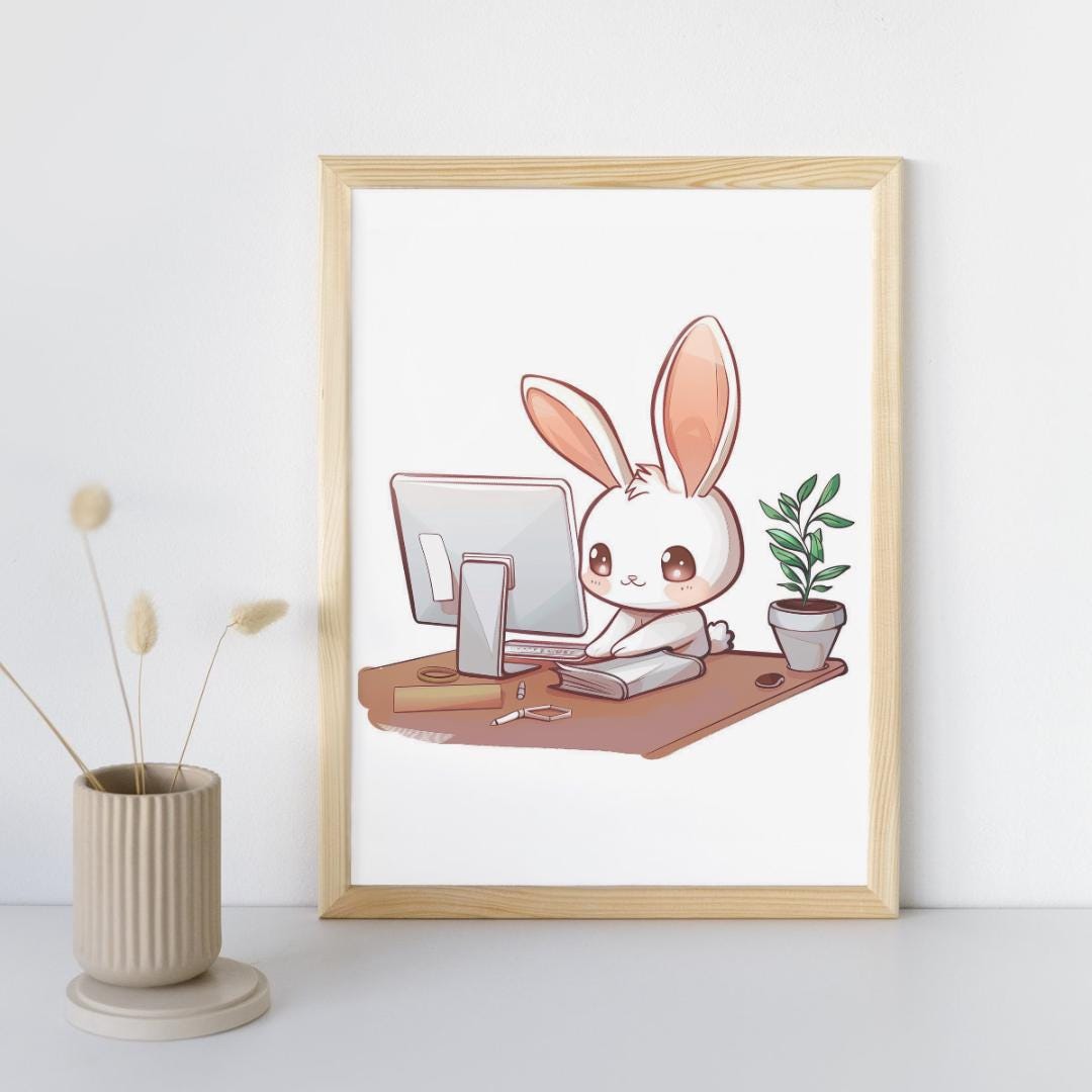Cute Office Bunny Rabbit, Kawaii Cartoon for Home Decor, Nursery Print ...