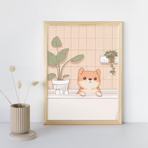 Puppy Dog in Bathtub, Kawaii Cartoon for Home Decor, Nursery Print, Cafe Poster, Classroom Digital Art, Cozy Animal and Pets Decoration