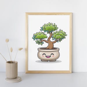 Lindo árbol bonsái en jarrón, dibujo animado kawaii para decoración del hogar, impresión para guardería, póster de cafetería, arte digital para aulas, plantas y decoración natural