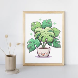Linda planta Monstera en jarrón, dibujo animado kawaii para decoración del hogar, impresión para guardería, póster de cafetería, arte digital para aulas, plantas y decoración de la naturaleza