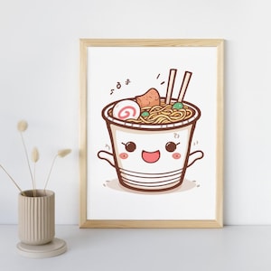 Fideos ramen instantáneos bonitos, dibujos animados kawaii para decoración del hogar, impresión para guardería, póster de cafetería, arte digital para aulas, decoración de dulces de comida japonesa