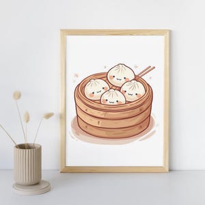 Lindos dumplings de sopa dim sum, dibujos animados kawaii para decoración del hogar, impresión para guardería, póster de cafetería, arte digital para aulas, decoración de dulces de comida china