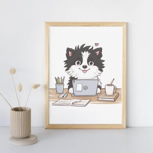 Cute Office Border Collie, Kawaii Cartoon for Home Decor, Nursery Print, Cafe Poster, Classroom Digital Art, Animals and Dog Decoration