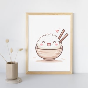 Lindo cuenco de arroz, dibujo animado kawaii para decoración del hogar, impresión para guardería, póster de cafetería, arte digital para el aula, decoración de dulces de comida asiática