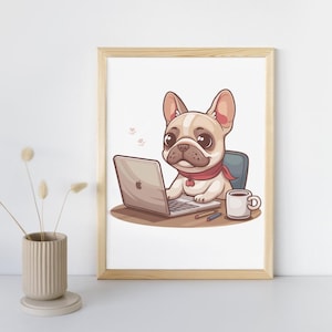 Tan Office French Bulldog, Kawaii Cartoon do wystroju domu, wydruk do pokoju dziecięcego, plakat do kawiarni, sztuka cyfrowa do klasy, zwierzęta i dekoracja psa