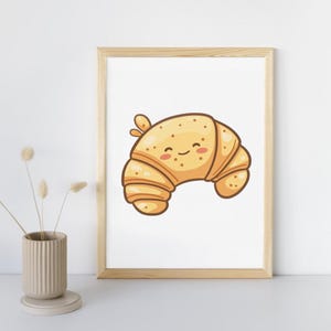 Lindo croissant de desayuno, dibujo animado kawaii para decoración del hogar, impresión para guardería, póster de cafetería, arte digital para el aula, decoración de dulces de comida estadounidense