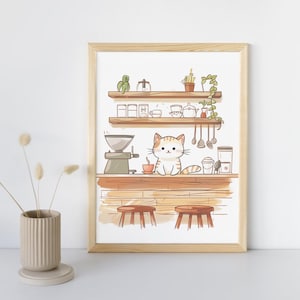 Cat Coffee Shop Stand, Kawaii Cartoon for Home Decor, Nursery Print, Cafe Poster, Classroom Digital Art, Cozy Animal and Pets Decoration