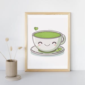 Lindo té verde matcha, dibujo animado kawaii para decoración del hogar, impresión para guardería, póster de cafetería, arte digital para el aula, decoración de dulces de comida japonesa