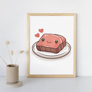 Linda cena de carne de bistec, dibujos animados kawaii para decoración del hogar, impresión para guardería, póster de cafetería, arte digital para el aula, decoración de dulces de comida estadounidense