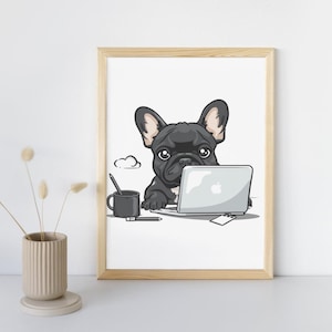 Czarny Buldog Francuski Biurowy, Kawaii Cartoon do Wystroju Domu, Wydruku Dziecięcego, Plakatu Do Kawiarni, Cyfrowej Sztuki Klasycznej, Dekoracji Zwierząt i Psów