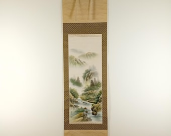 Vintage Japanese Scroll, 20th century second half, Original Ink on Silk Painting, Kakejiku, Kakemono, Wall Hanging