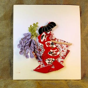 Vintage Oshi-e on Shikishi, Original Fabric Painting, Japanese Minimalism Art,  Asian Wall Hanging, Authentic Handmade Artwork, 3D design