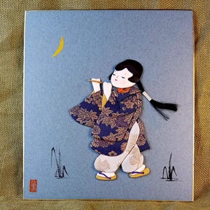 Vintage Oshi-e on Shikishi, Original Fabric Painting, Japanese Minimalism Art,  Asian Wall Hanging, Authentic Handmade Artwork, 3D design