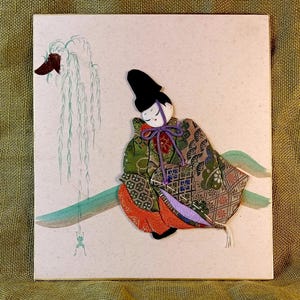 Vintage Oshi-e on Shikishi, Original Fabric Painting, Japanese Minimalism Art,  Asian Wall Hanging, Authentic Handmade Artwork, 3D design