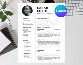 May include: A black and white resume template with a photo of a woman in the top left corner. The resume includes contact information, education, skills, languages, and work experience. The text "Sarah Smith" is in a large font at the top of the page, with the title "Restaurant Manager" below it.