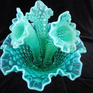 Fenton Epergne 4pc Miniature Green Opalescent Hobnail 3801-GO