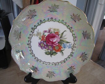 Iridescent Lustre Japan Plate with Peony Center and Gold Trim Petal Edge
