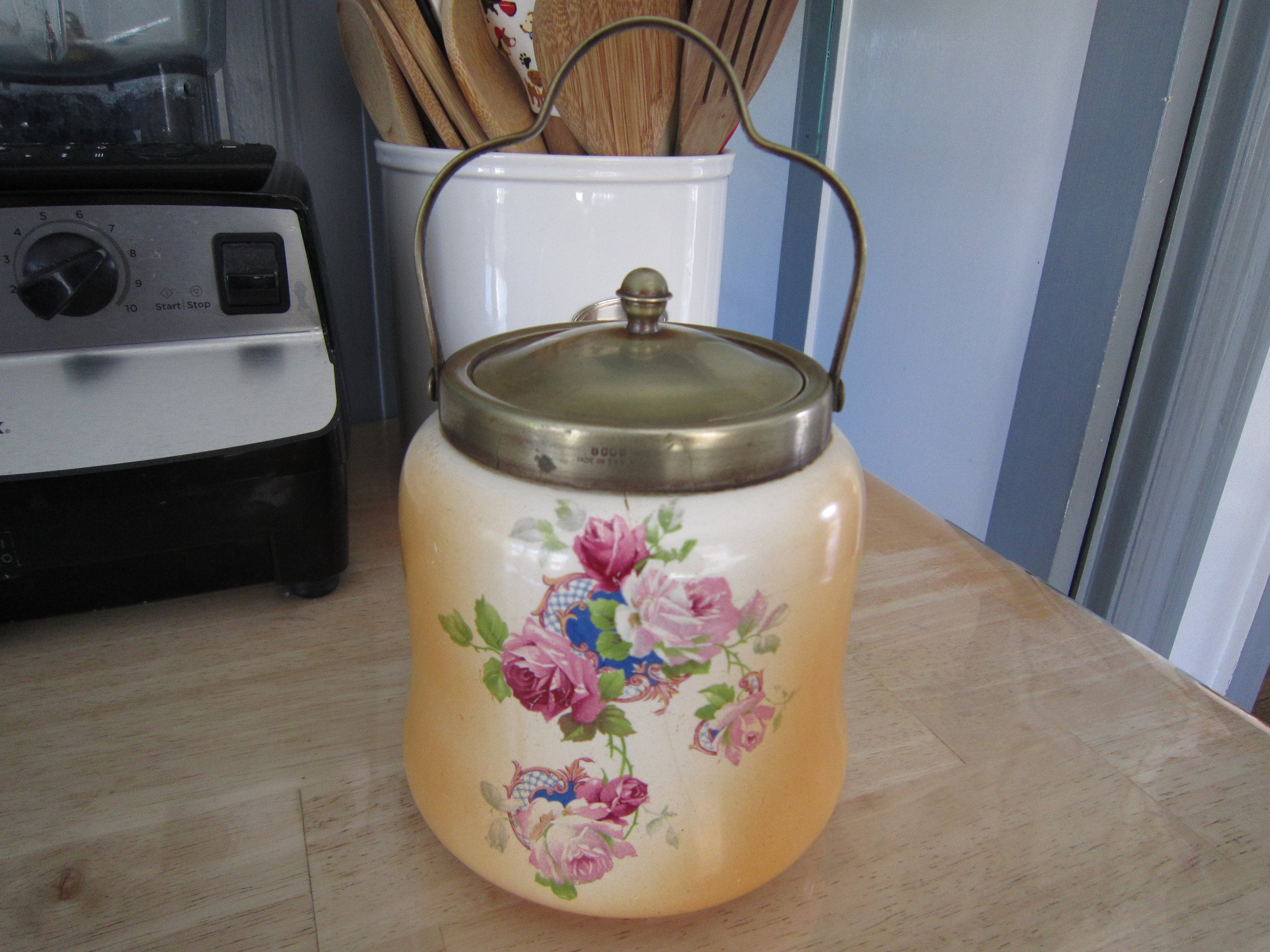 EPNS Antique Biscuit Jar, Made in England, Brass Handle & Lid