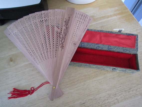 Asian Wooden Hand Fan w/Cherry Blossom Print in S… - image 1