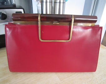 Red Genuine Leather Maximillian Clutch Brass & Tortoise Handbag