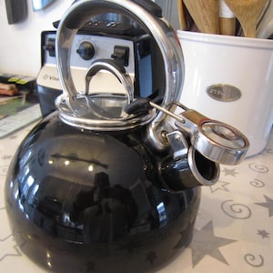 May include: A shiny black stovetop kettle with a large, curved handle and a silver spout. The kettle has a round body and a silver rim. The spout has a hinged lid. Kitchenware.