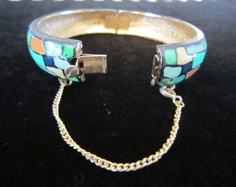 Eisenberg Enamel Clasp Bangle Bracelet Mosaic w/safety chain