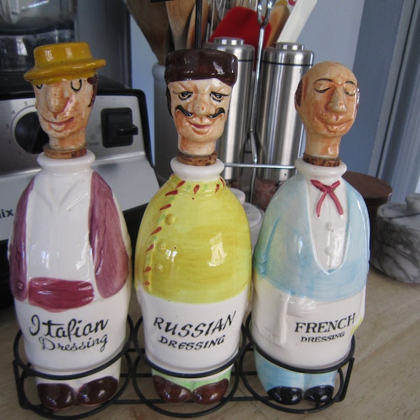 Nasco Dressing Cruets w/Rack Anthropomorphic Italian/Russian/French Waiters