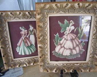 Turner Late 18th Century Lithograph Prints w/Gesso Frame Set Belles & Gentlemen 8" X 10" Wall Hangings