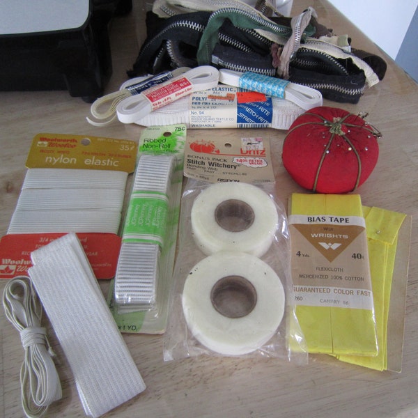 Destash Vintage Sewing Supplies, Ephemera, Elastic, Bias Tape, Zippers, Bonding Web, Pin Holder