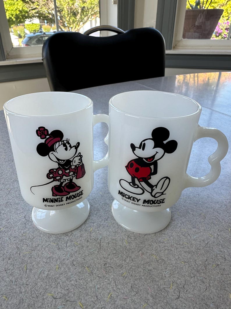 Mickey & Minnie Mouse Milk Glass Pedestal Coffee Mugs, Walt Disney Production image 1