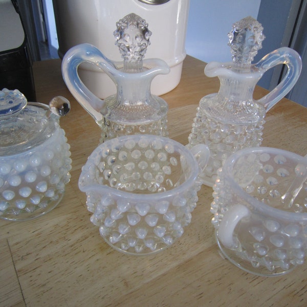 Hobnail French (opalescent) by Fenton 9pc Set, Cruets, Sugar/Creamer, Mustard Jar All Complete