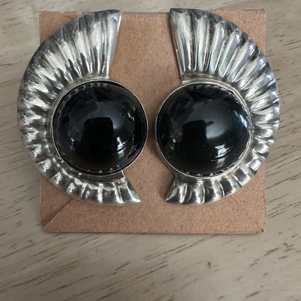 Mexican Taxco Silver .925 & Onyx Clip On Earrings, Large Fan Like