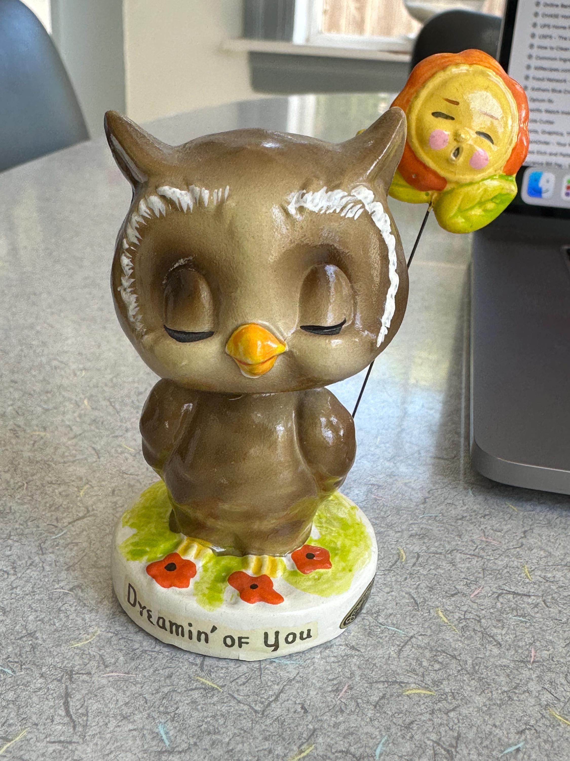 Josef Original Owl Bobble Head "Dreaming Of You" With Sunflower on Wire Japan