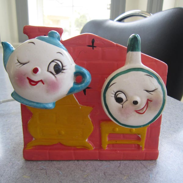 Vintage Japan Kitchen Napkin Holder with Teapot & Frying Pan Shakers