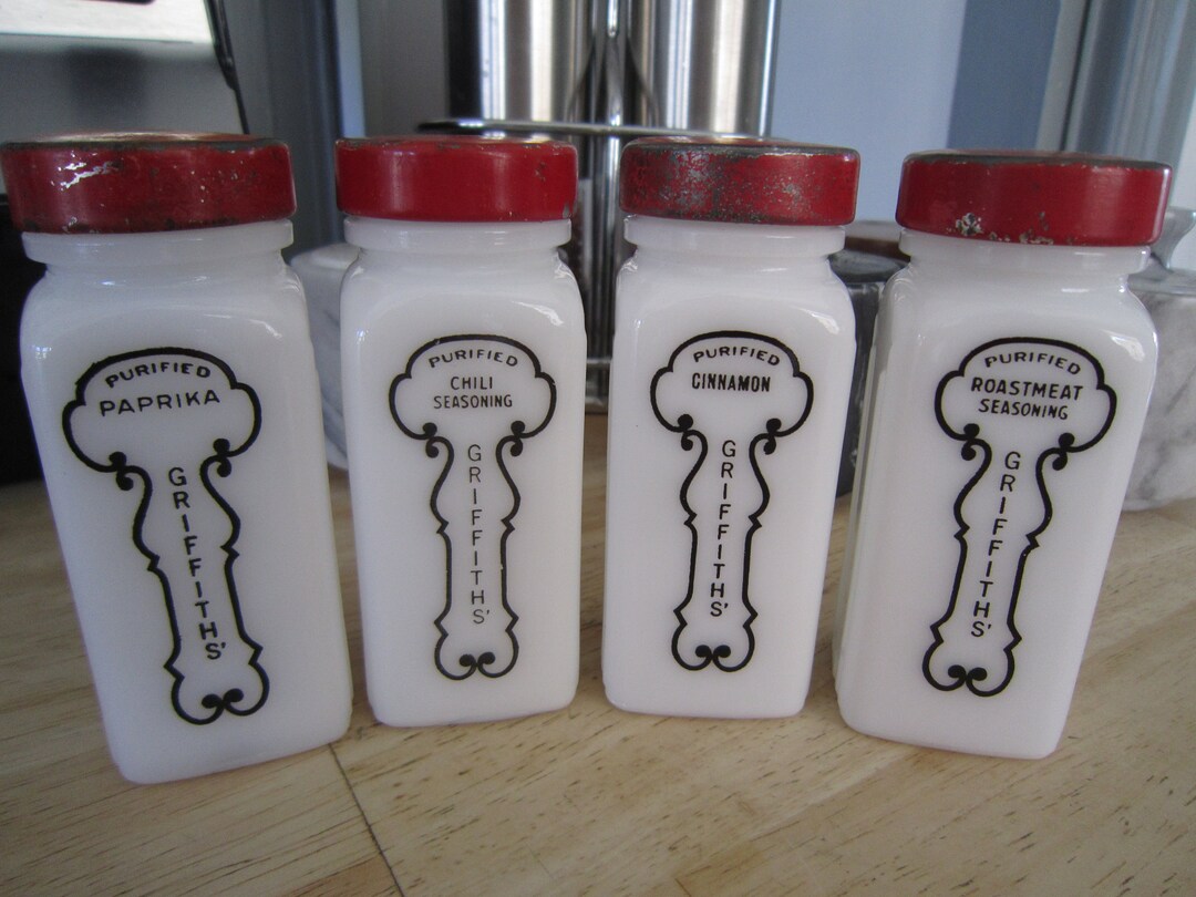 Griffiths Milkglass Spice Jars, Set of 4, Original Lids With Shaker Inserts Etsy