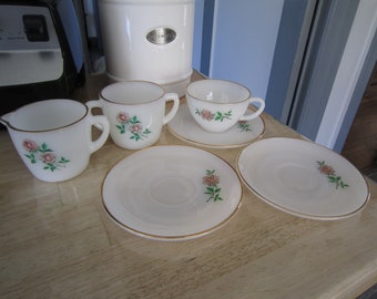 Fire King Milk Glass Anniversary Rose Pattern, Sugar & Creamer, Cup w/Saucers 6 pc