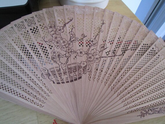Asian Wooden Hand Fan w/Cherry Blossom Print in S… - image 9