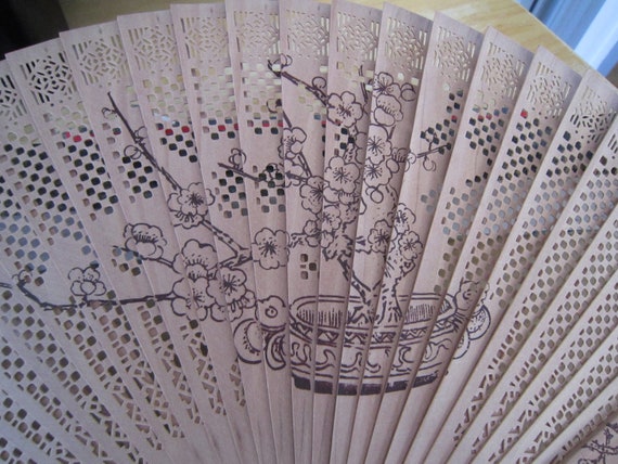 Asian Wooden Hand Fan w/Cherry Blossom Print in S… - image 6