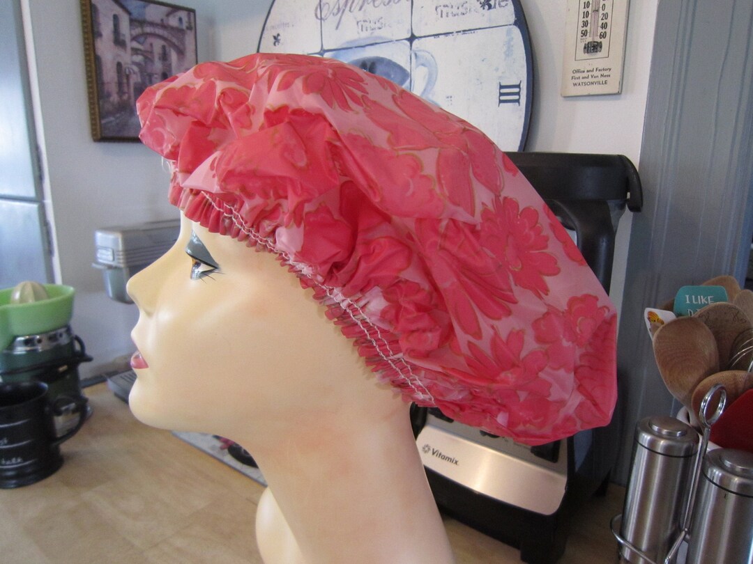 Vintage Shower Cap with Terry Cloth Lining, Large Size Pink Floral
