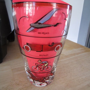 Vintage Speed Comparison Glass Tumbler: Horse, Bicycle, Car, Airplane