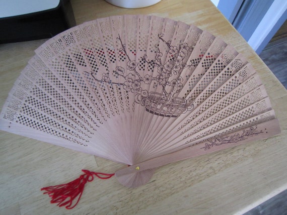 Asian Wooden Hand Fan w/Cherry Blossom Print in S… - image 5
