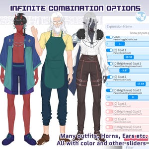 May include: An illustration showcasing three characters with various outfit options. The image includes text that reads "Infinite Combination Options" and "Many Outfits, Horns, Ears etc. All with color and other sliders". The characters are wearing different outfits.