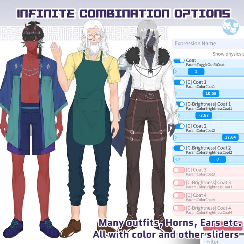 May include: An illustration showcasing three characters with various outfit options. The image includes text that reads "Infinite Combination Options" and "Many Outfits, Horns, Ears etc. All with color and other sliders". The characters are wearing different outfits.